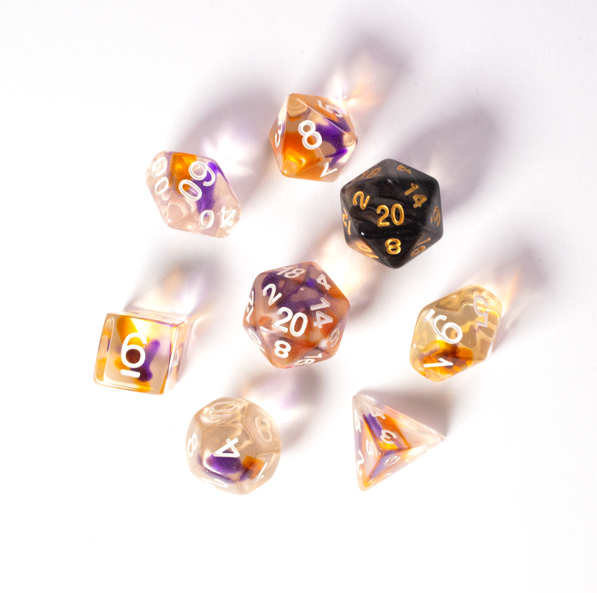Purple, Orange, Clear Dice Set