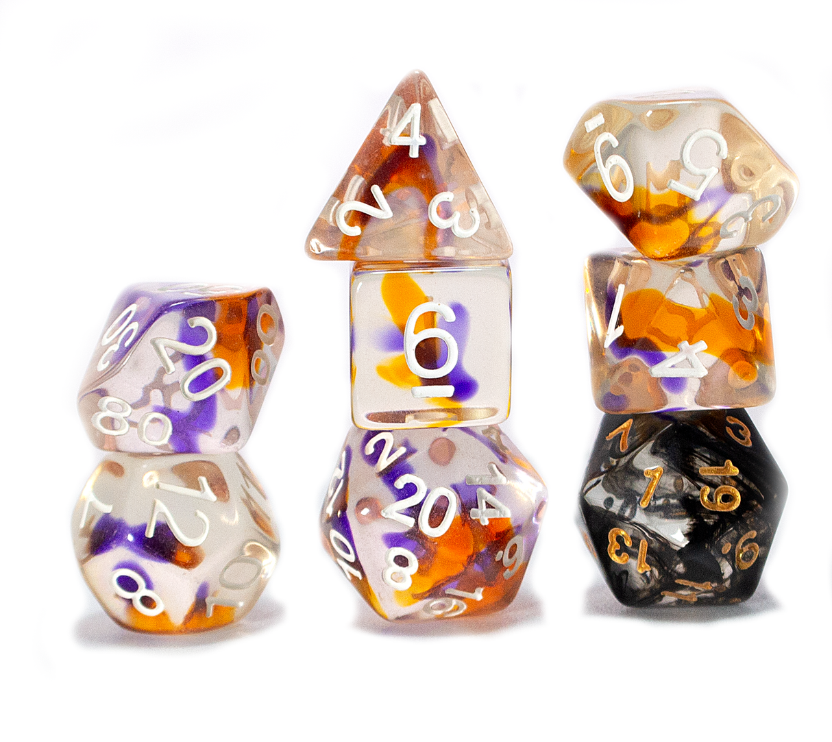 Purple, Orange, Clear Dice Set