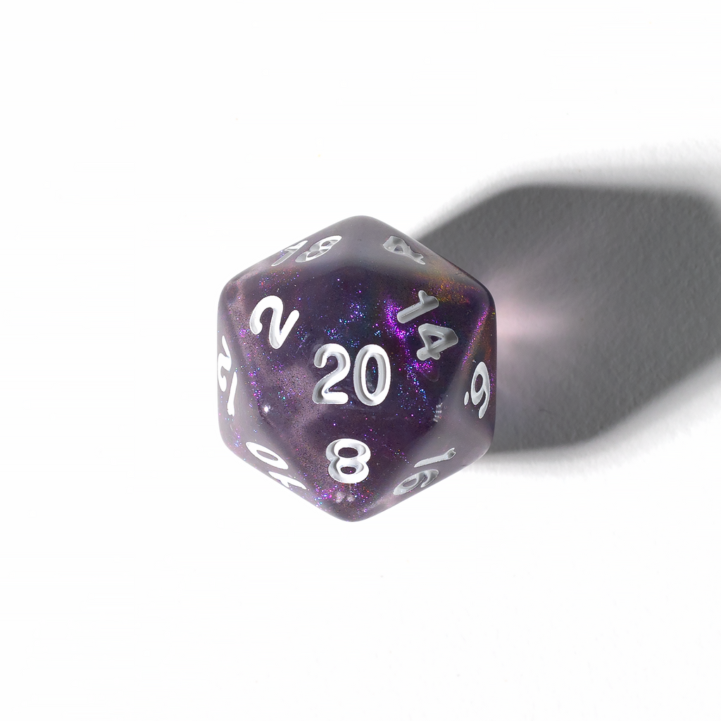 Topdown Image Of D20 Dice From Treasure Amethyst 7-Piece Polyhedral RPG Dice Set By Sirius Dice