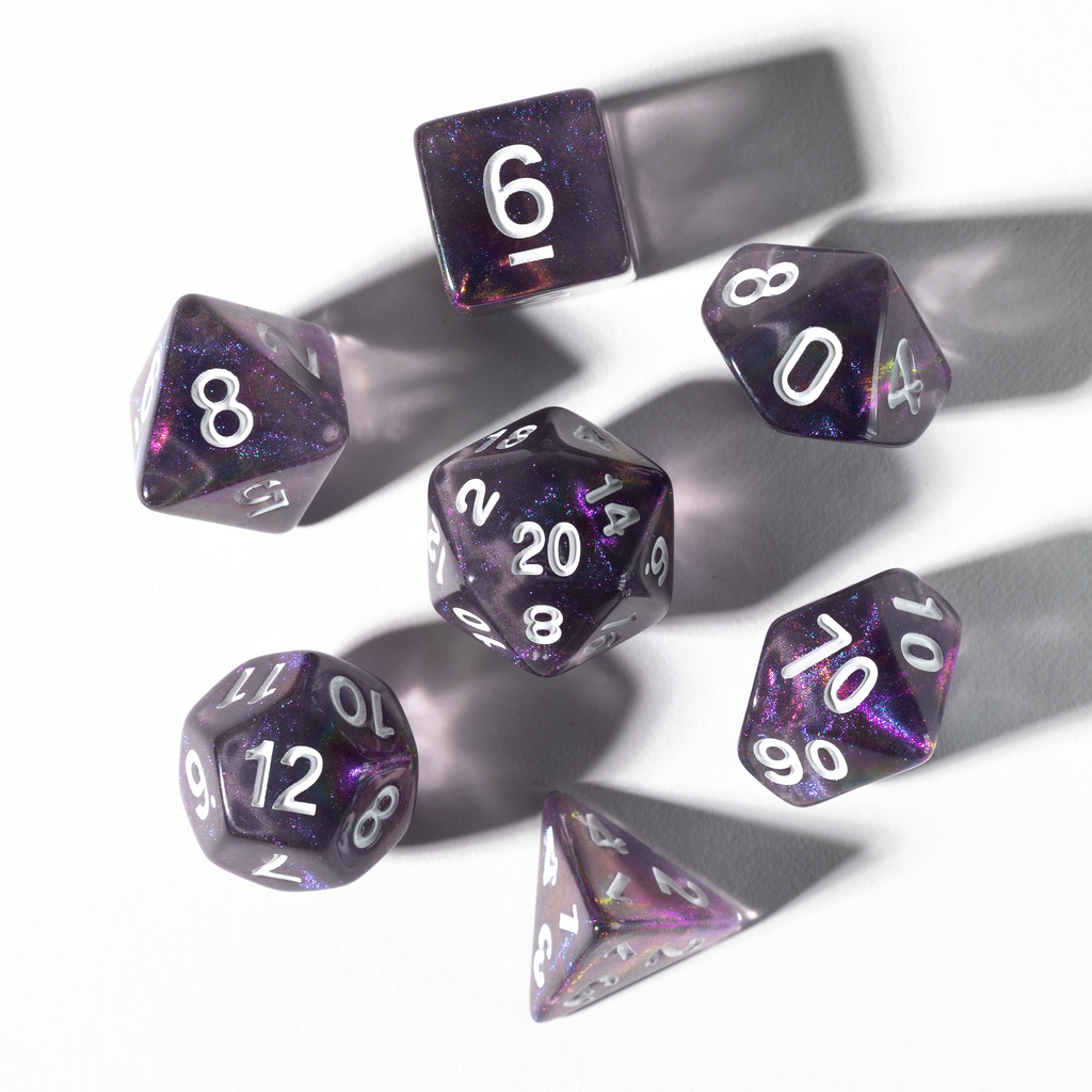 Top down image of Treasure Amethyst 7-Piece Polyhedral RPG Dice Set from Sirius Dice