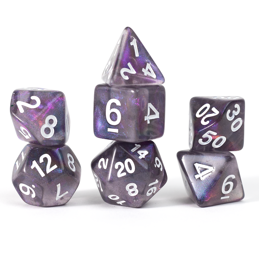 Image Of Stacked Dice From Treasure Amethyst 7-Piece Polyhedral RPG Dice Set By Sirius Dice