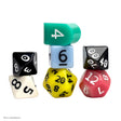 A set of polyhedral gaming dice in multiple colors including black, white, light blue, teal, yellow, and pink, arranged on a clean white background.