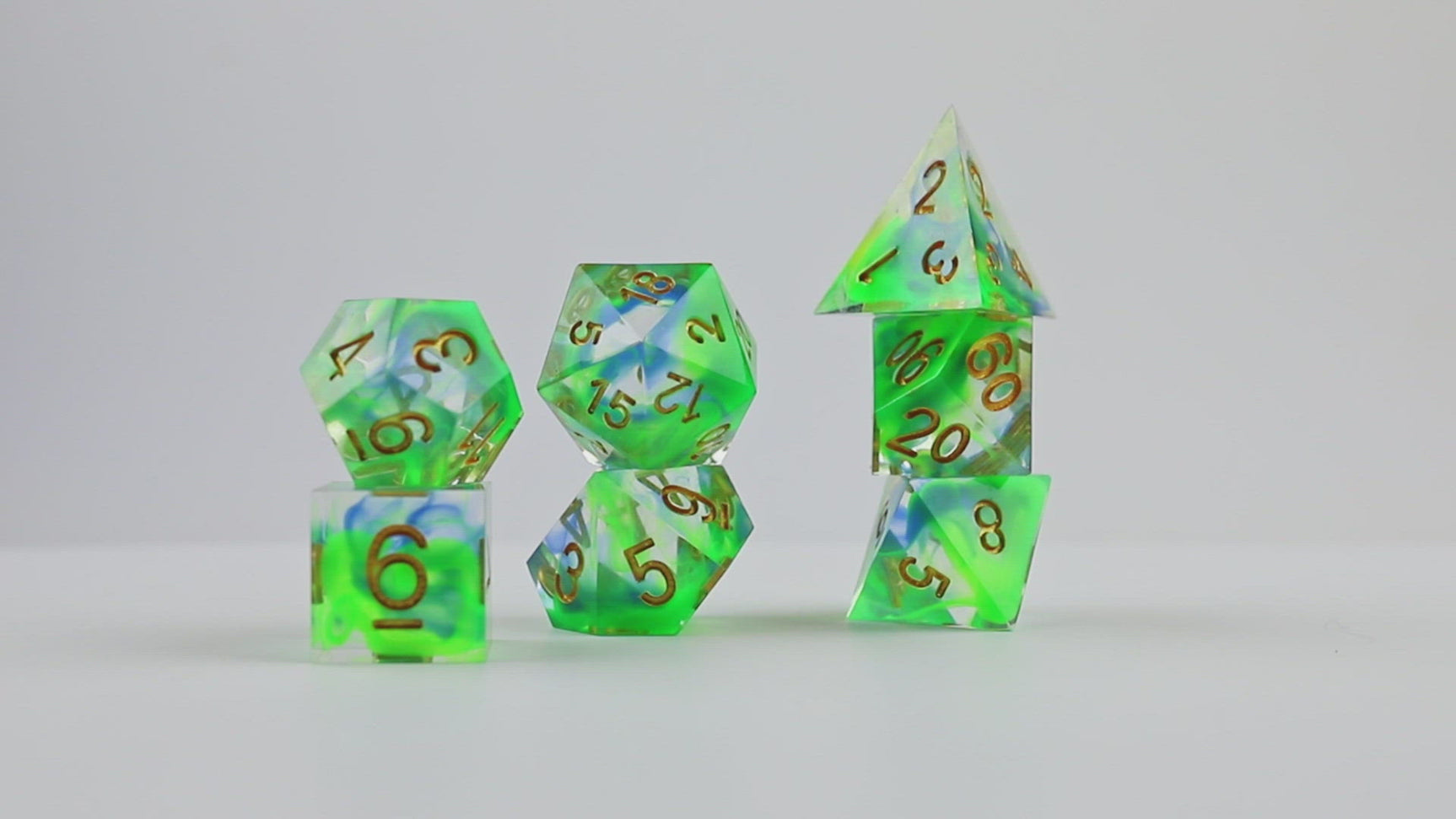 green blue swirl translucent sharp edge dice set