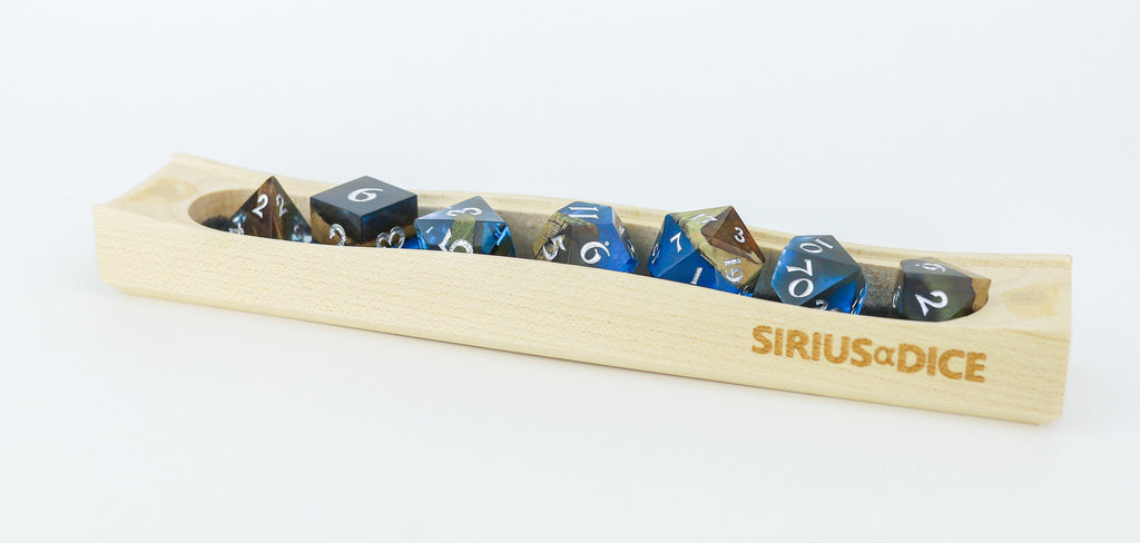 blue wood dice in box