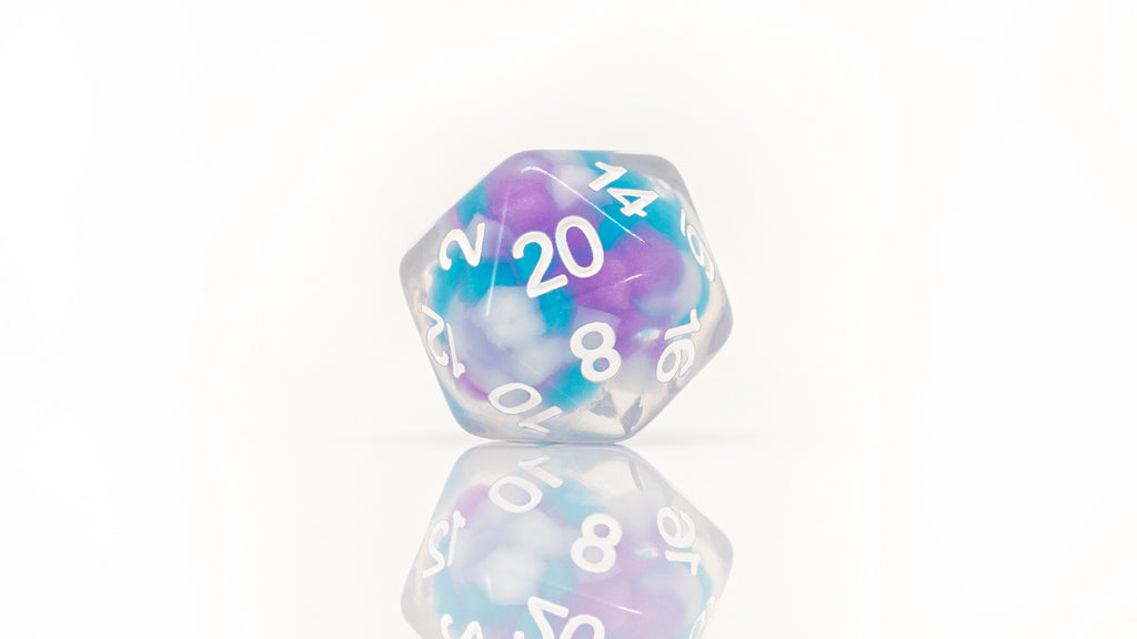 purple and blue d20 dice