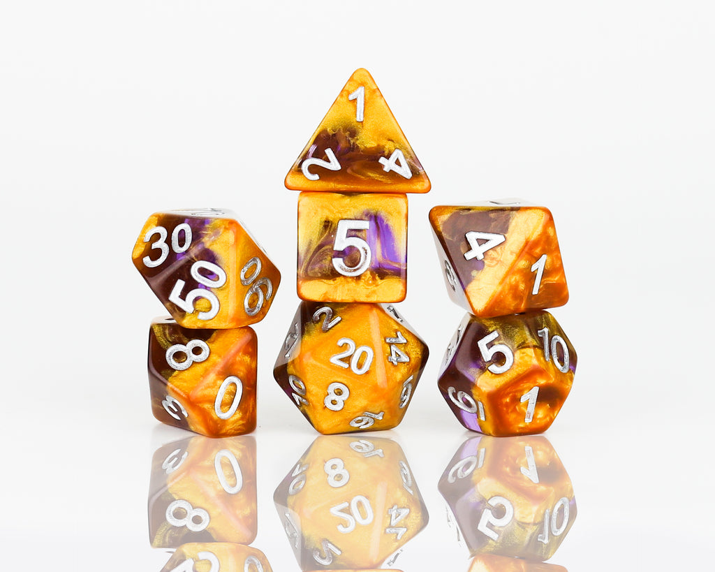 gold purple dice