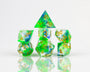 green blue swirl translucent sharp edge dice set